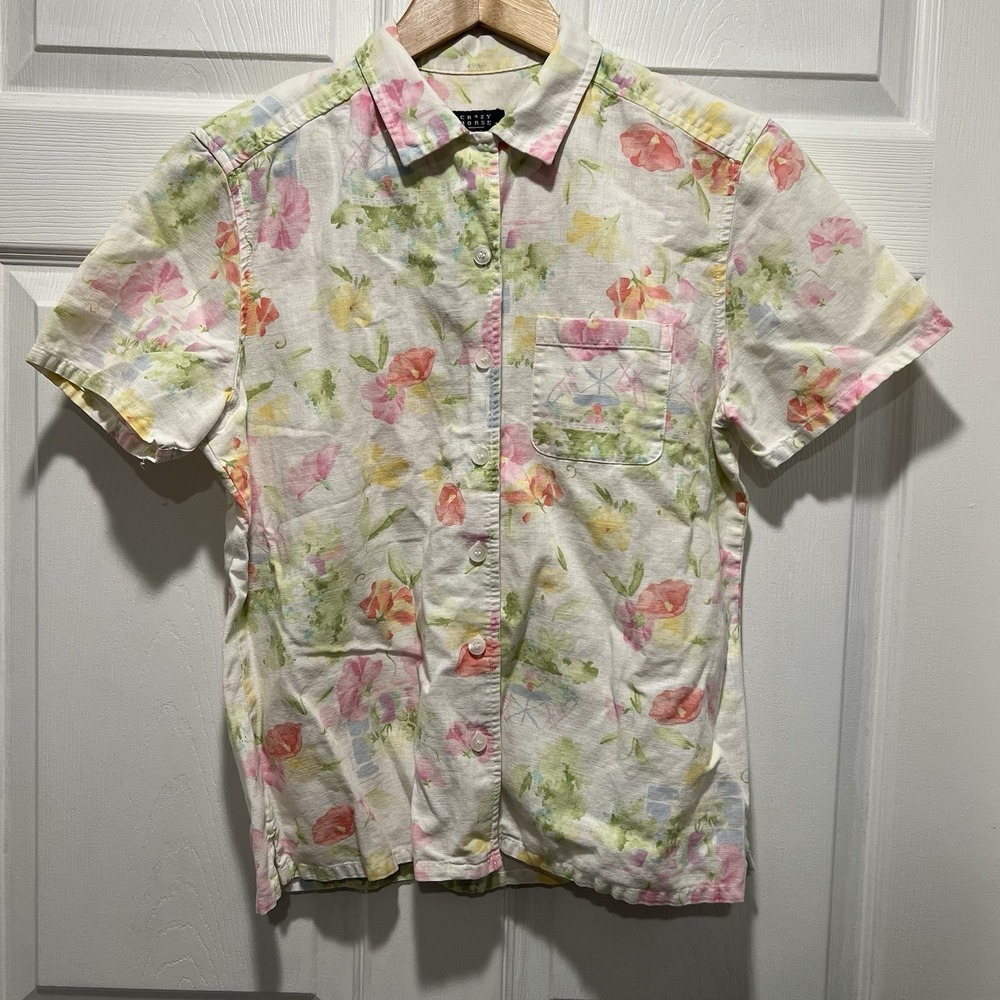 Crazy‎ Horse Large Floral Print Button Up Woman's Blouse Size M